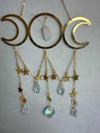 Clear Quartz Triple Moon Suncatcher – 30 × 15cm