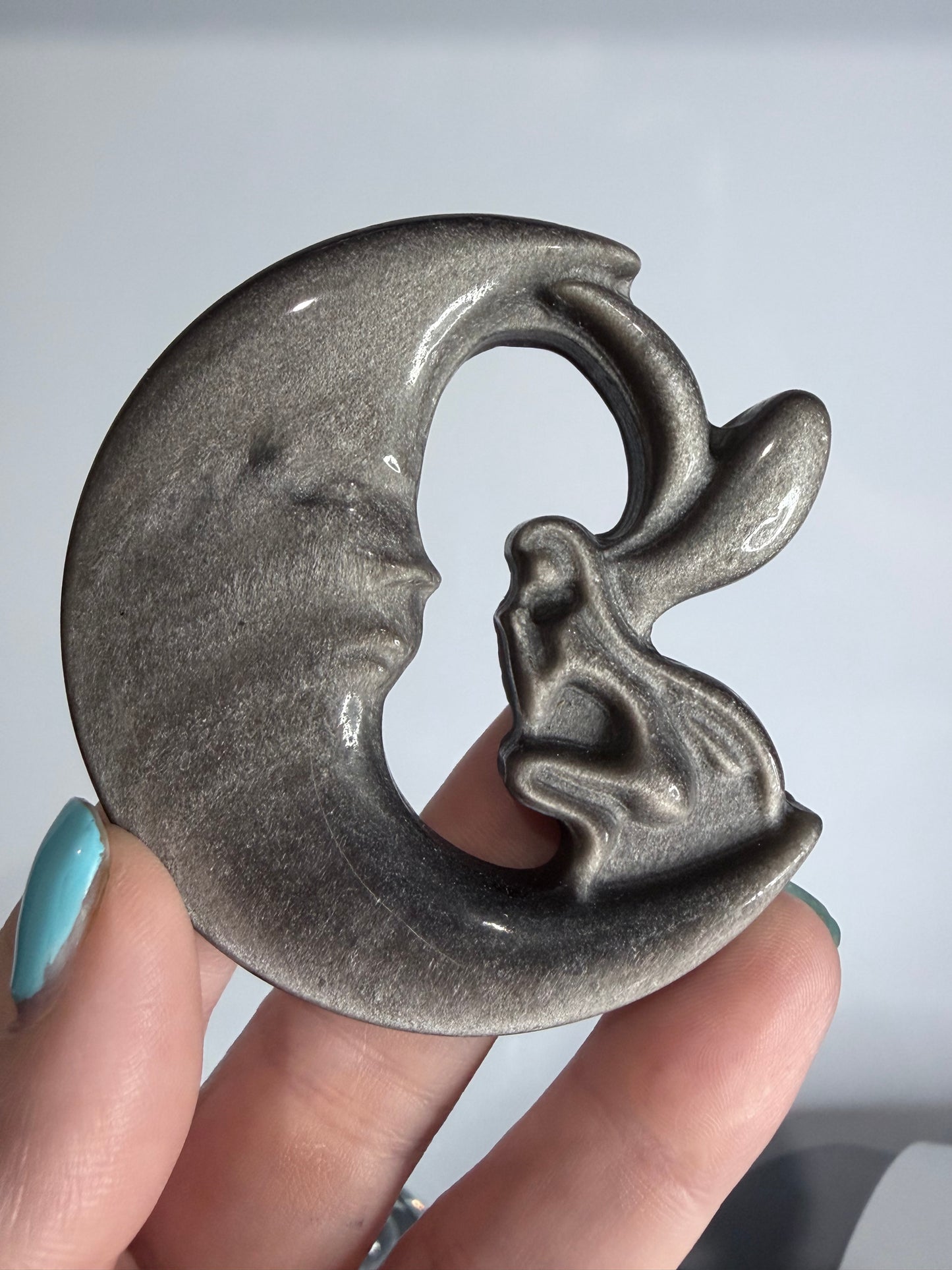 Silver Sheen Obsidian Fairy & Moon Carving On Stand