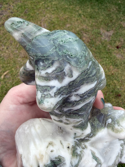 Moss Agate Dolphin Carving — 762g
