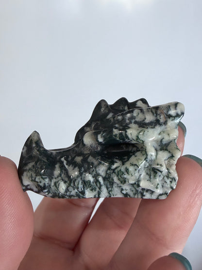 Moss Agate Dragon Head Carving 5cm B -