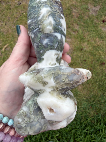 Moss Agate Dolphin Carving — 762g