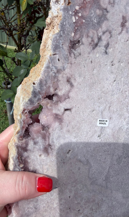 Large Botryoidal Pink Amethyst Druzy Slab on Stand – 3.2kg | 45cm Brazilian Statement Piece