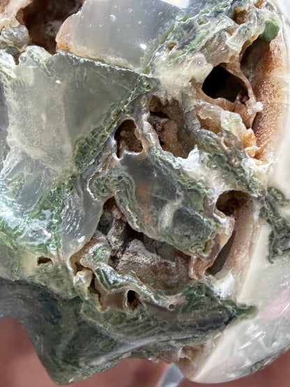 Moss Agate Druzy Skull – 8cm 277g