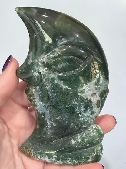 Moss Agate Moon Face Carving – 12.2cm