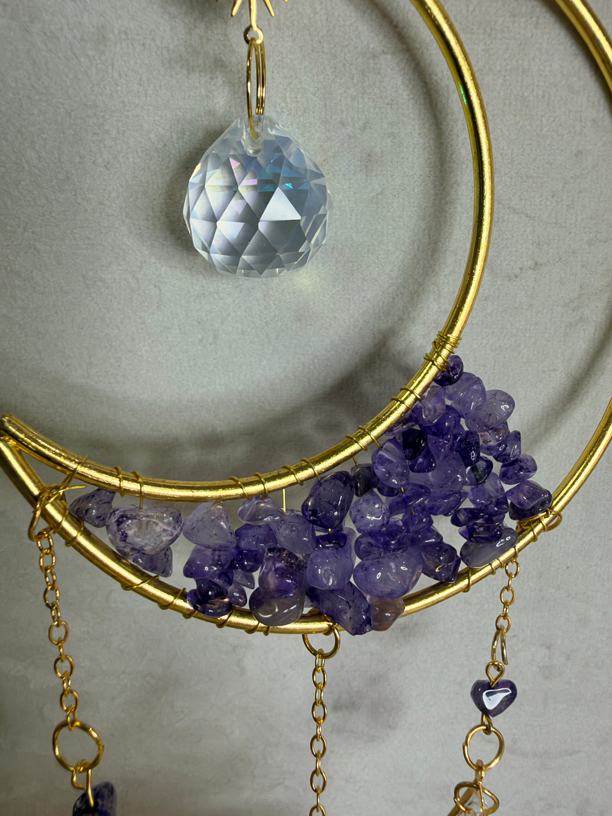 Amethyst Crescent Moon Suncatcher with Rainbow Stars – 35 × 10cm