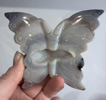Agate Druzy Butterfly Carving with Acrylic Stand – 10cm | 135g