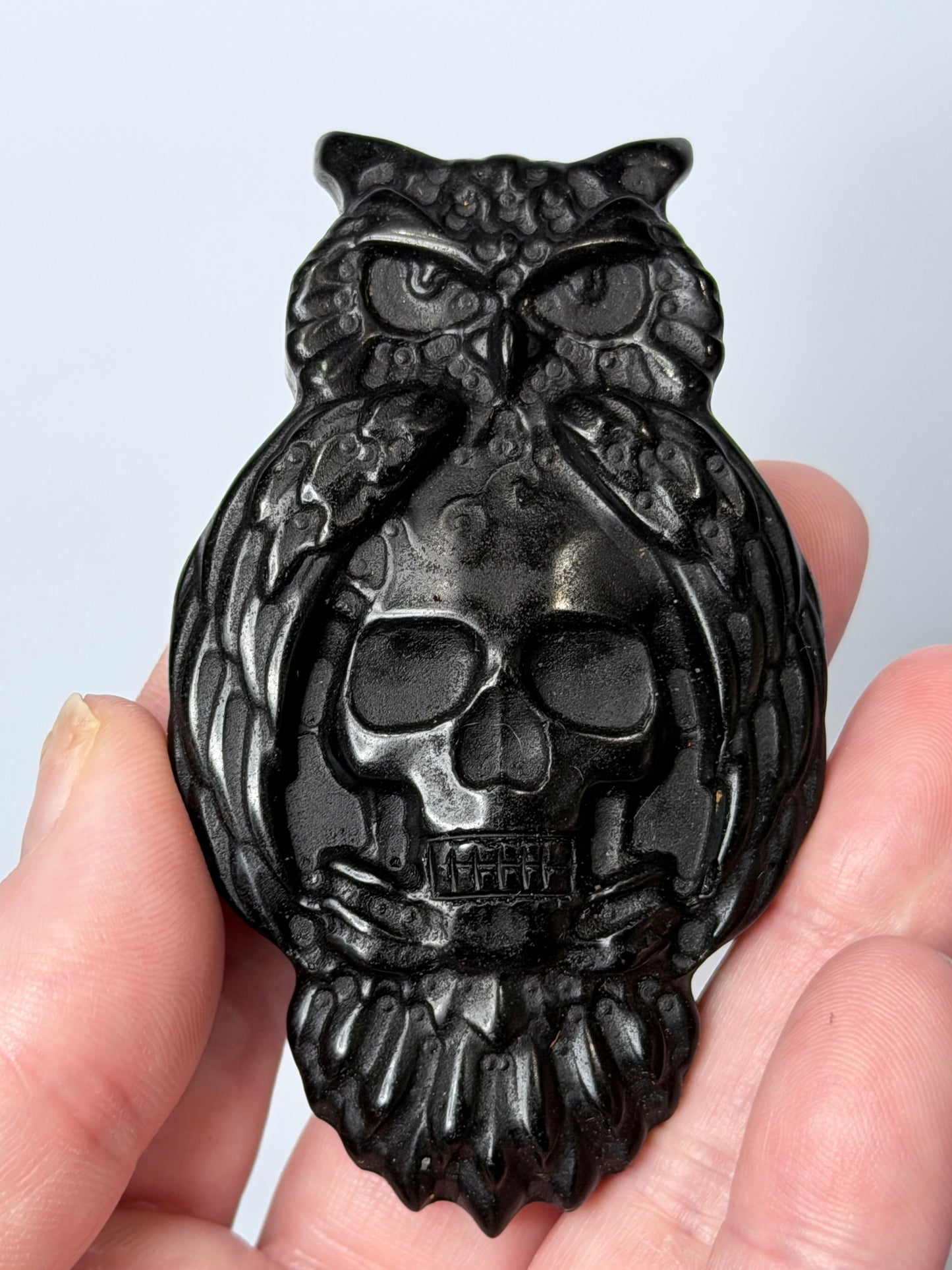 Black Obsidian Owl & Skull Carving with Acrylic Stand – 8cm