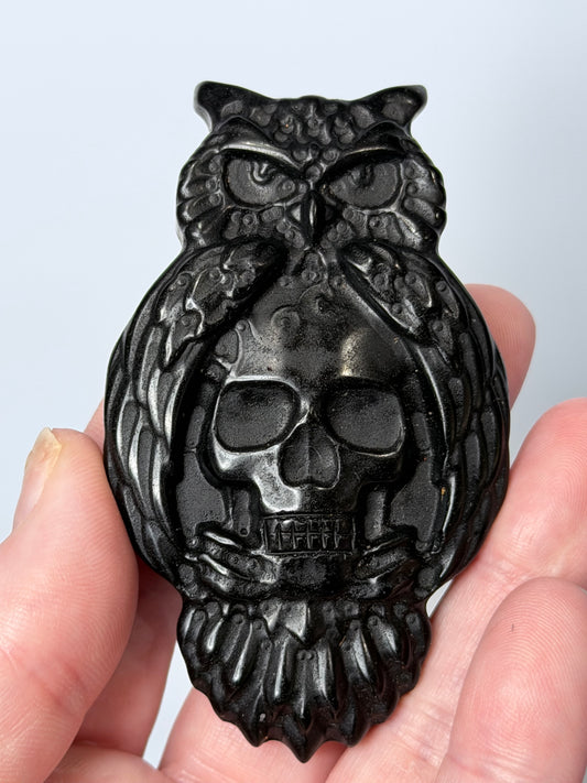 Black Obsidian Owl & Skull Carving with Acrylic Stand – 8cm