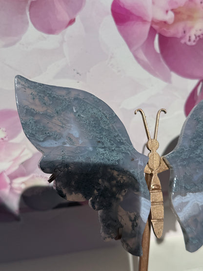 Moss Agate Butterfly On Gold Stand