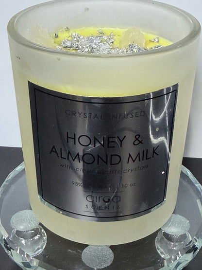 Crystal Infused Honey & Almond Milk Soy Candle with Clear Quartz Crystals | 283g