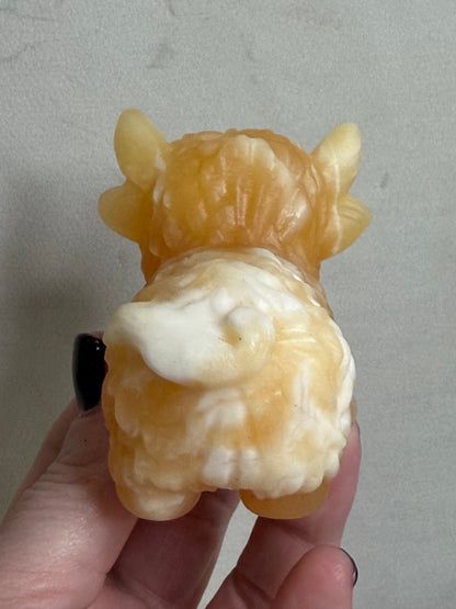 Highland Cow Orange Calcite Carving – 8 cm