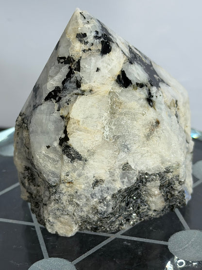 Rainbow Moonstone with Black Tourmaline & Pyrite Polished Point – 228g