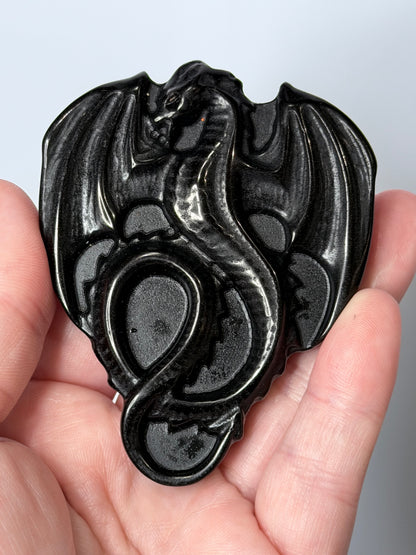 Black Obsidian Dragon Carving with Acrylic Stand – 8cm
