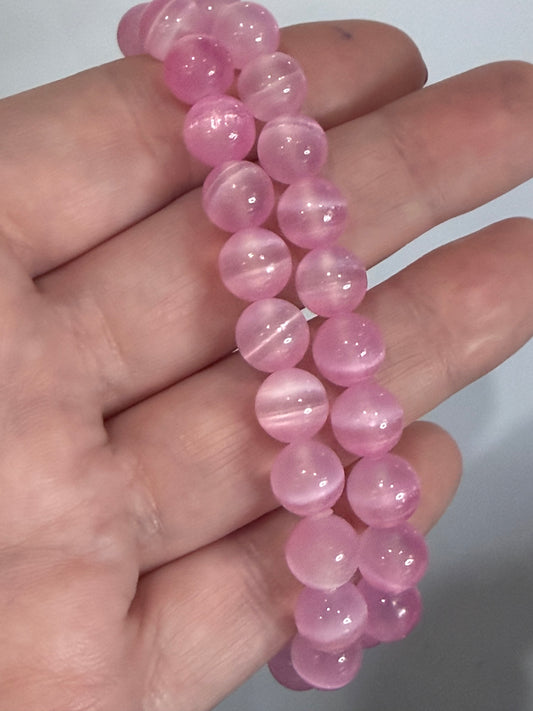 8mm Pink Selenite Bracelet – | Soft Glow, Colour Enhanced & Silky Finish - Promotes calm