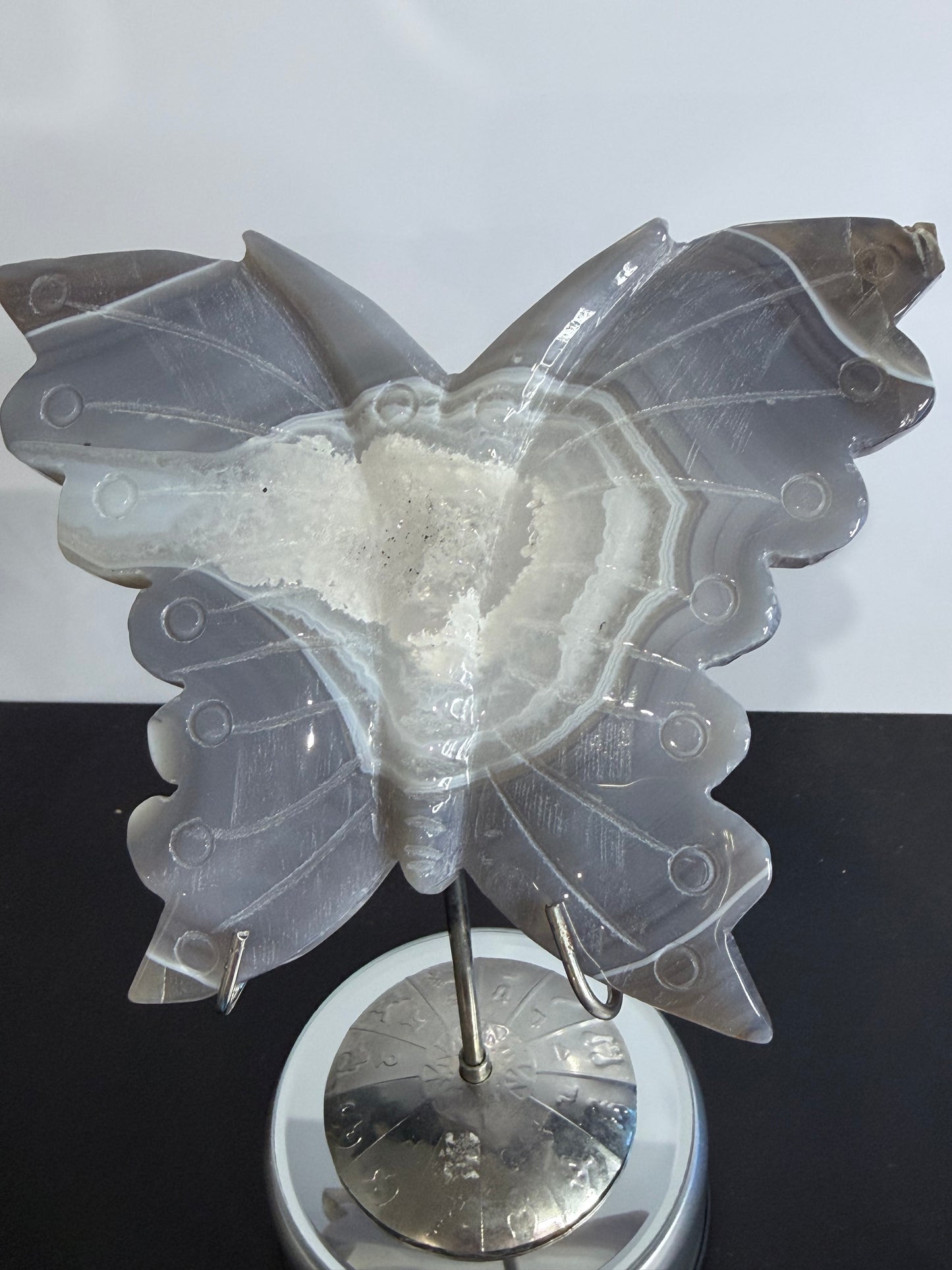 Agate Druzy Butterfly Carving with Metal Zodiac Stand – 15cm