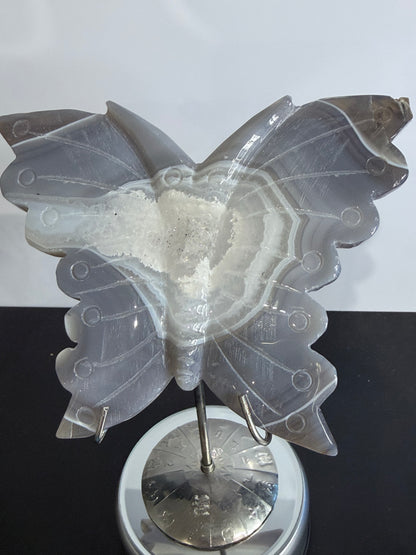 Agate Druzy Butterfly Carving with Metal Zodiac Stand – 15cm