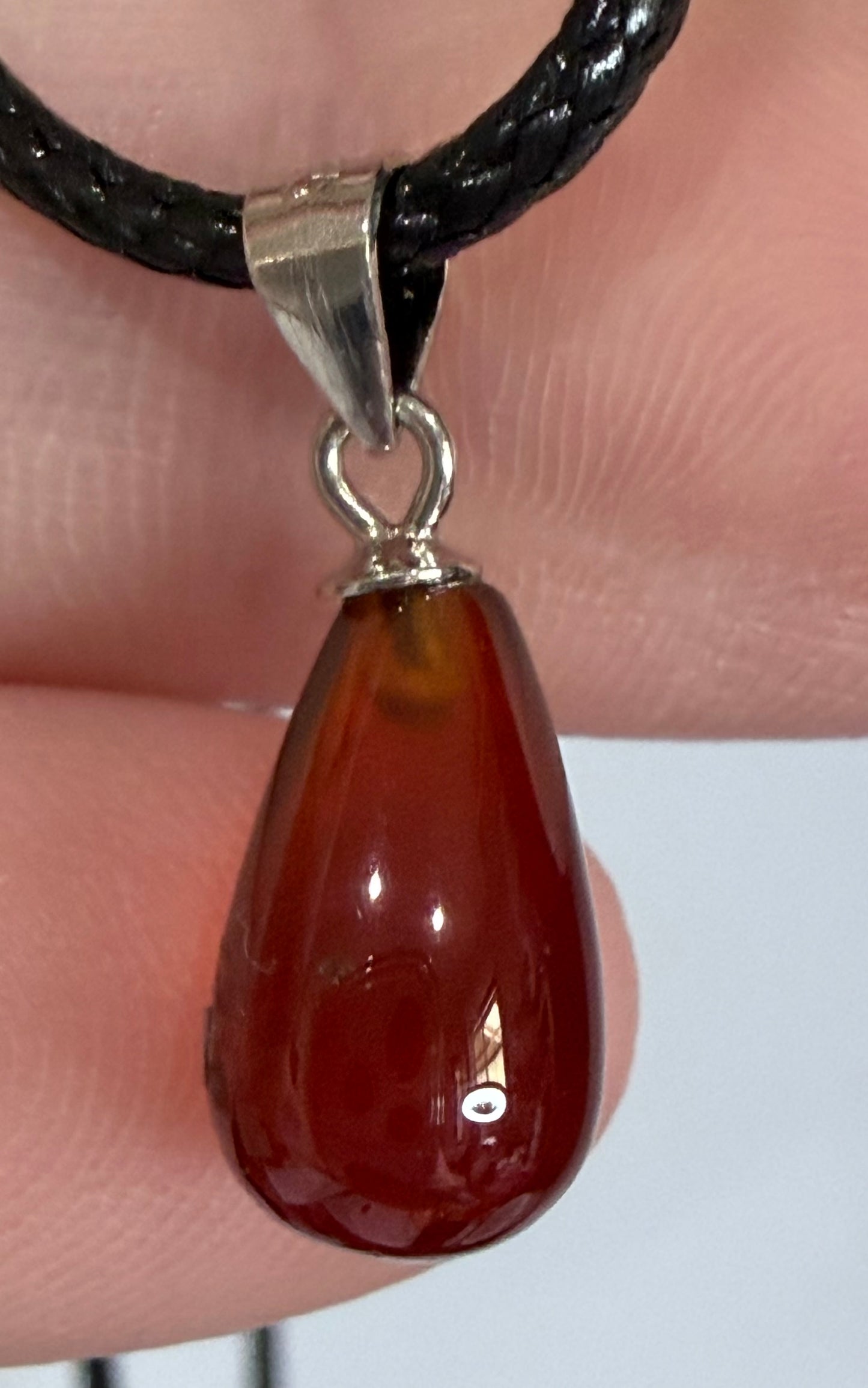 Carnelian Teardrop Pendant with 925 Bail & Black Cord (1.4cm)