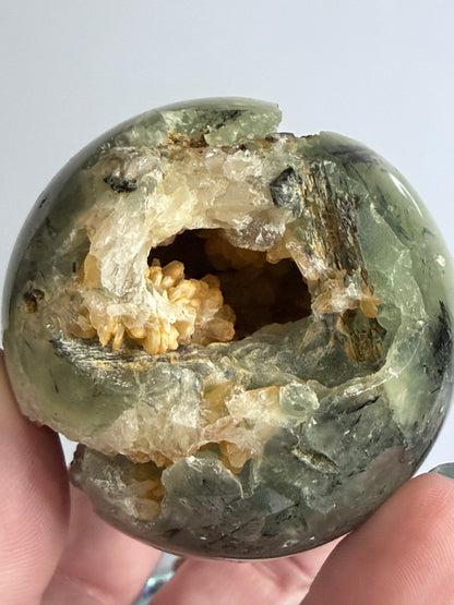 Prehnite with Epidote & Calcite Crystal Cave Sphere C - 5.7cm