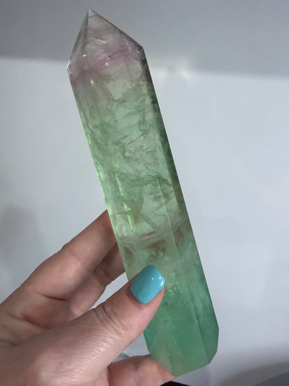 Watermelon Fluorite Tower with Light Base – 18cm | 485g