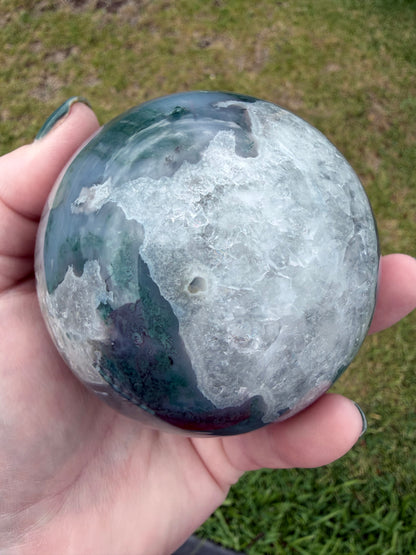 Moss Agate Sphere 7.8cm (658g) | Green & White with Red Inclusion
