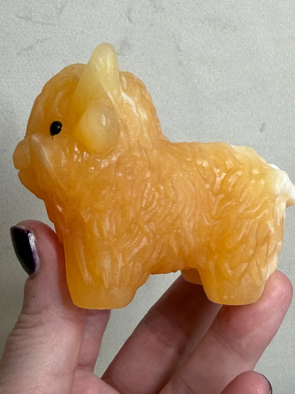 Highland Cow Orange Calcite Carving – 8 cm