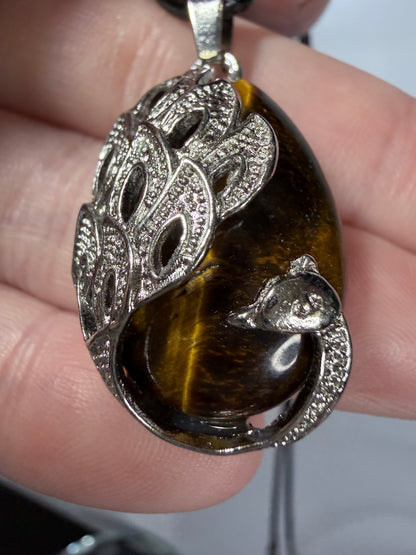 Tiger’s Eye Peacock Pendant Necklace | Natural Tiger’s Eye Crystal | 50cm Cord