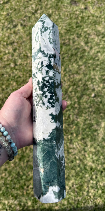 Extra Large Moss Agate Tower with Druzy 35cm 1.4kg