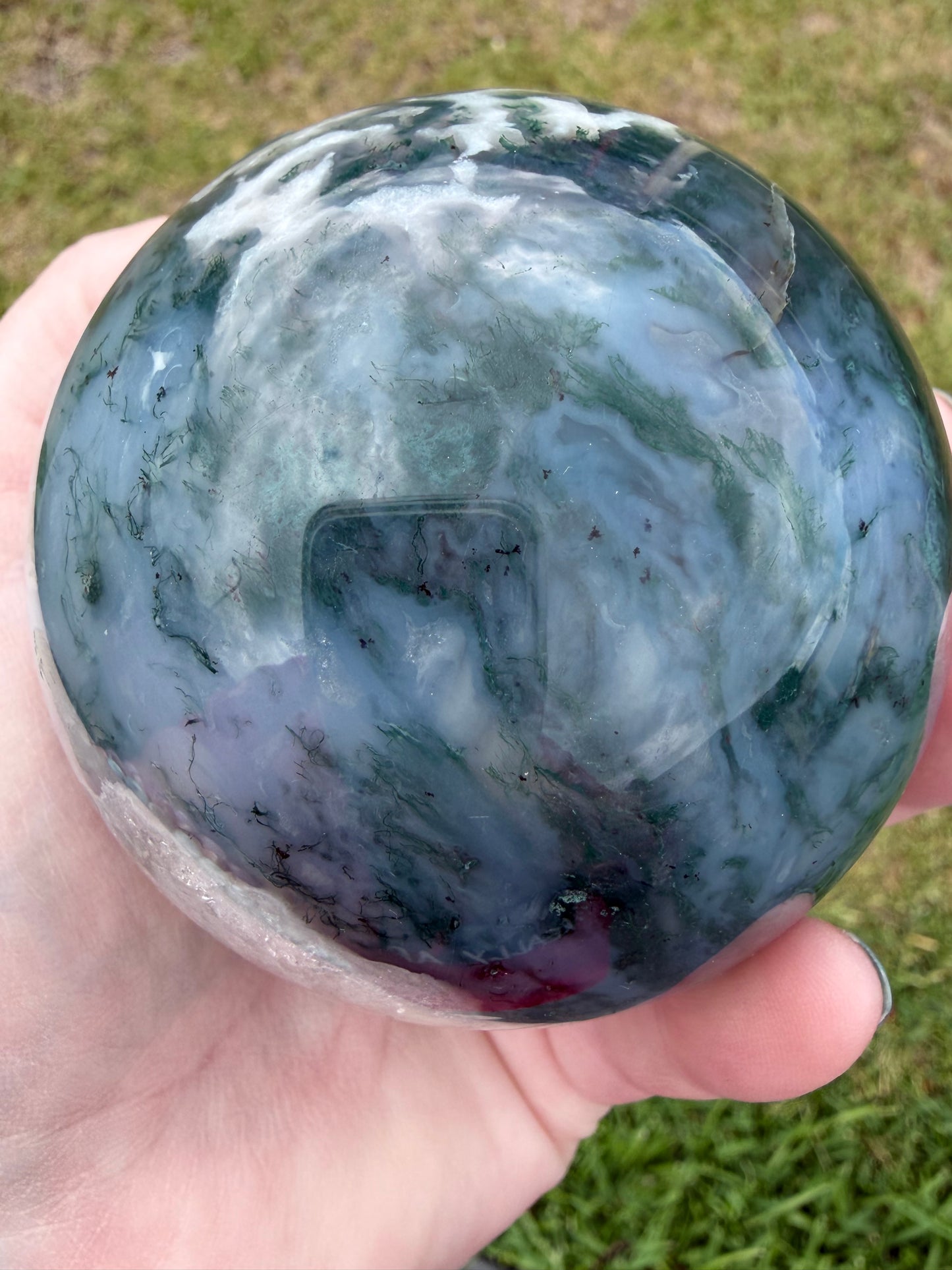 Moss Agate Sphere 7.8cm (658g) | Green & White with Red Inclusion