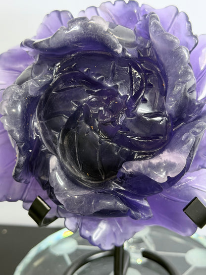 Purple Fluorite Rose Carving with Stand – 805g