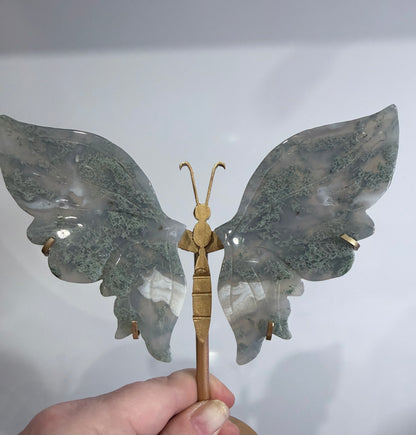 Moss Agate Butterfly Crystal Display on Stand – 16 cm
