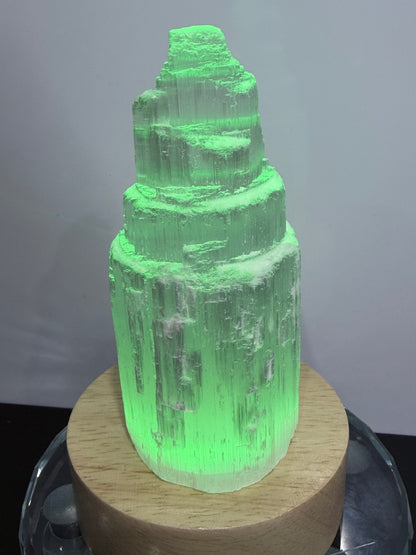 Selenite Tower Lamp with Colour-Changing LED Base – 10cm | 300g