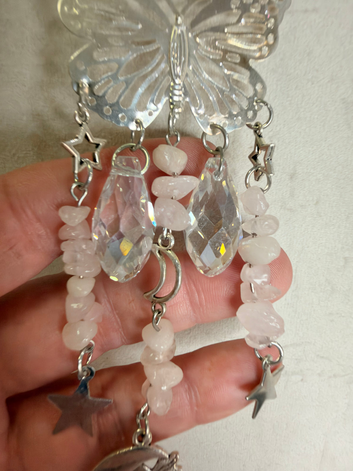 Rose Quartz Butterfly Car Suncatcher – Sun, Moon & Stars