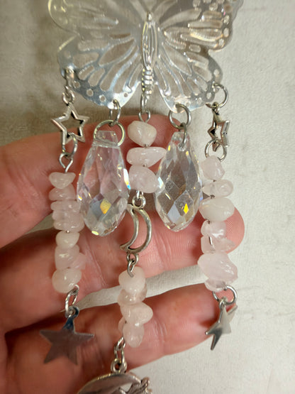 Rose Quartz Butterfly Car Suncatcher – Sun, Moon & Stars