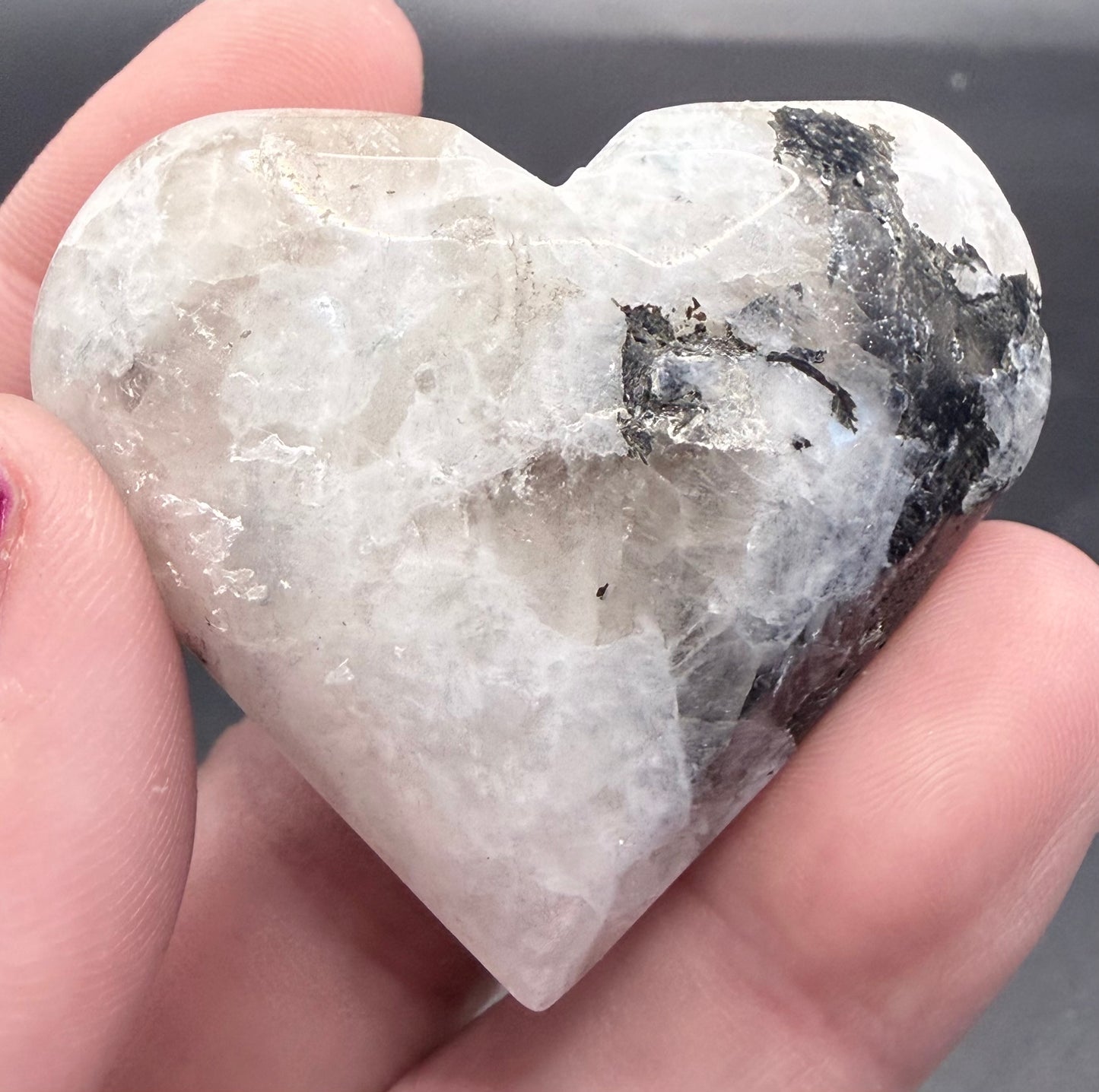 Rainbow Moonstone Heart (White Labradorite) with Black Tourmaline & Silver Mica – 5cm (50–60g)