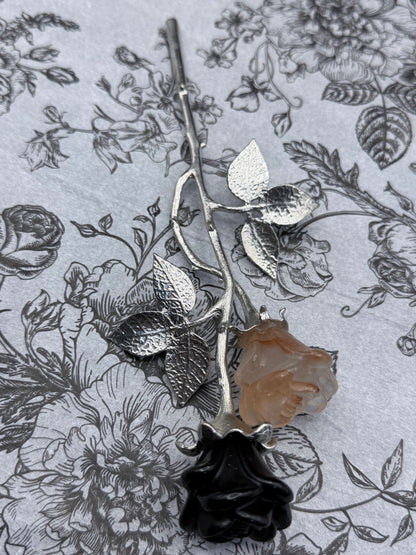 Black Obsidian & Fire Quartz Crystal Double Rose Stem (20cm)