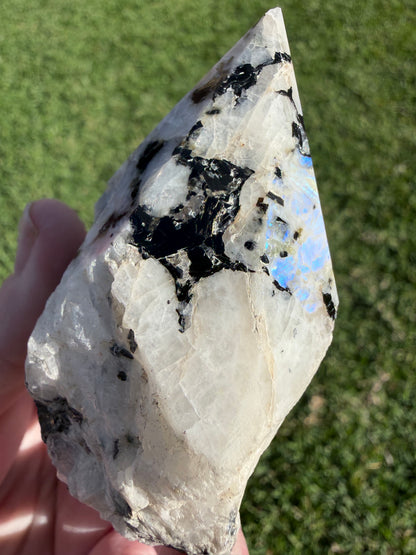 Rainbow Moonstone with Black Tourmaline & Pyrite Polished Point – 228g