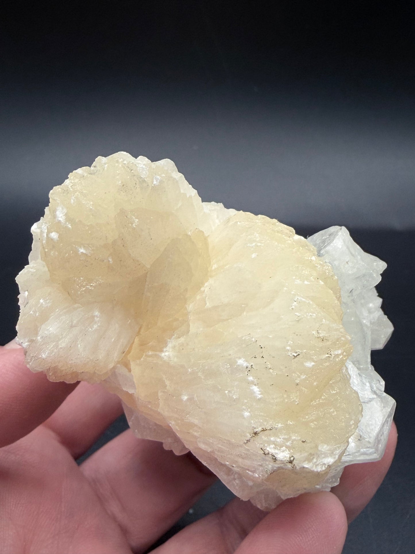 Stilbite on Apophyllite with Chrysocolla on Back