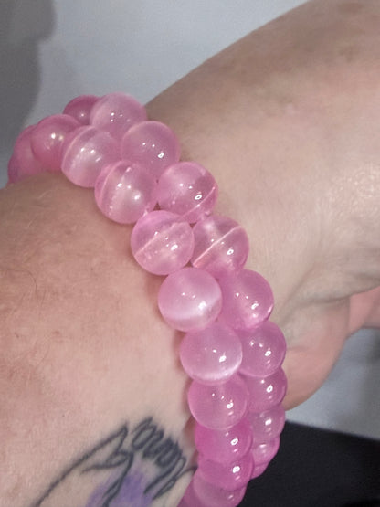 8mm Pink Selenite Bracelet – | Soft Glow, Colour Enhanced & Silky Finish - Promotes calm