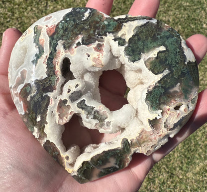 Unique Moss Agate Druzy Heart with Stand
