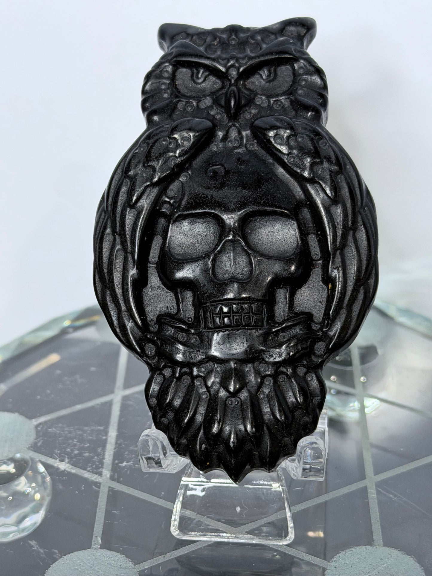 Black Obsidian Owl & Skull Carving with Acrylic Stand – 8cm