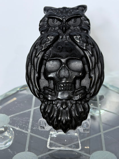 Black Obsidian Owl & Skull Carving with Acrylic Stand – 8cm