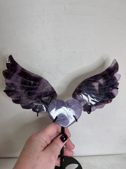 Amethyst Angel Wings with Heart on Stand – 25cm