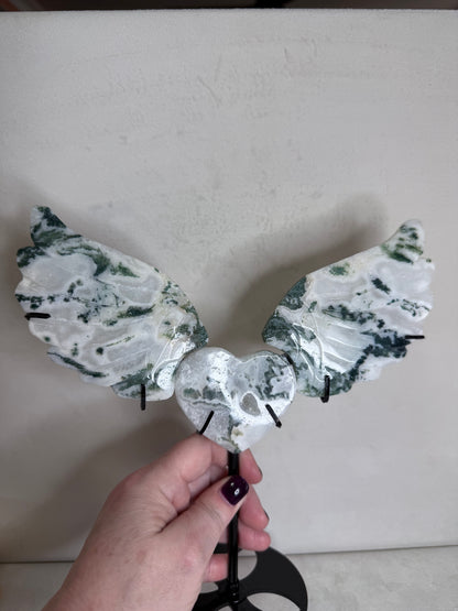 Moss Agate Angel Wings with Heart on Stand – 25cm