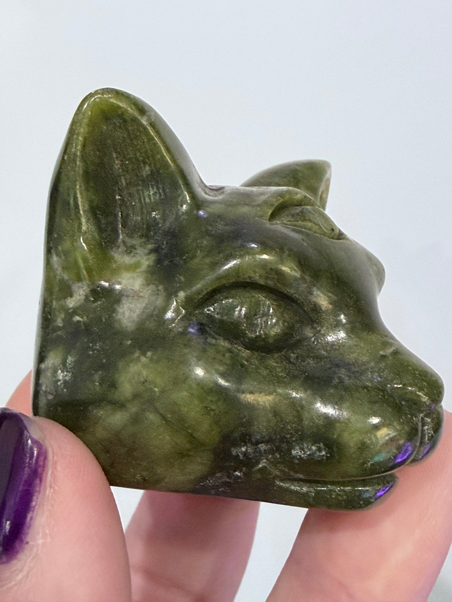 Green Serpentine Cat Head Carving – 5cm B
