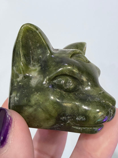 Green Serpentine Cat Head Carving – 5cm B