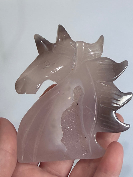 Chalcedony Unicorn Druzy Carving – 10cm | 145g