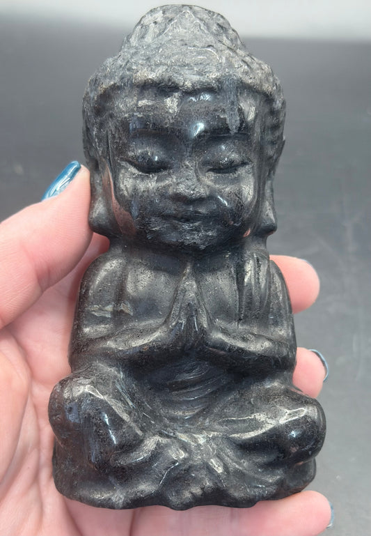 Black Obsidian Buddha Carving – 12 × 6.5 cm (555 g)