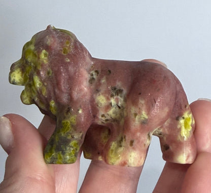 Serpentine & Jasper Lion Carving with Epidote