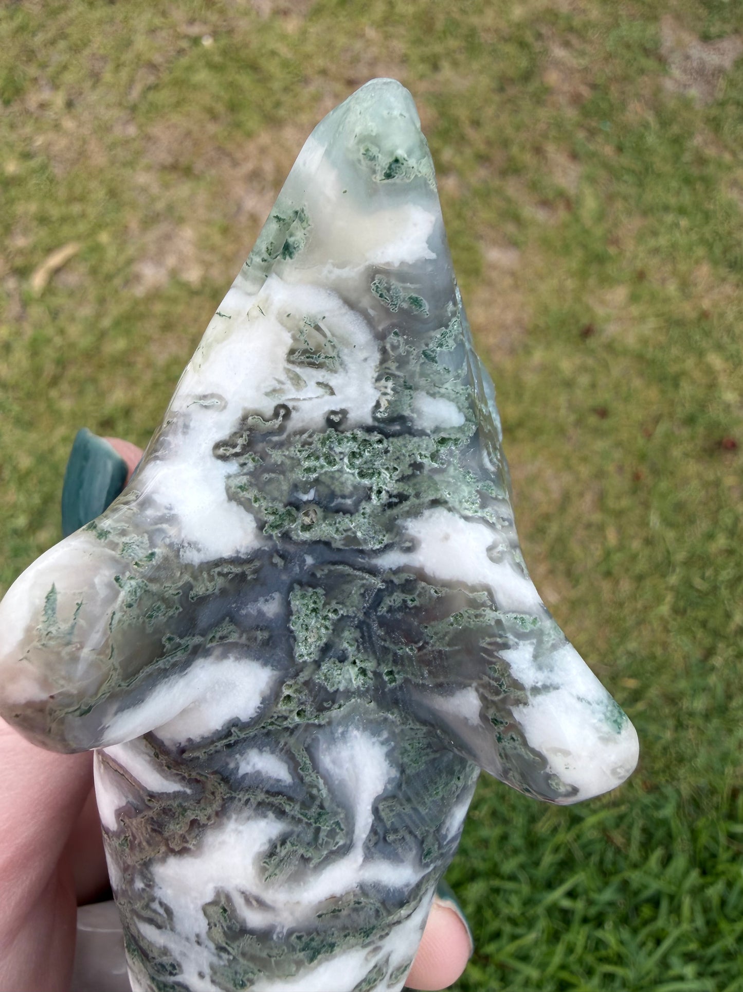 Moss Agate Dolphin Carving — 762g