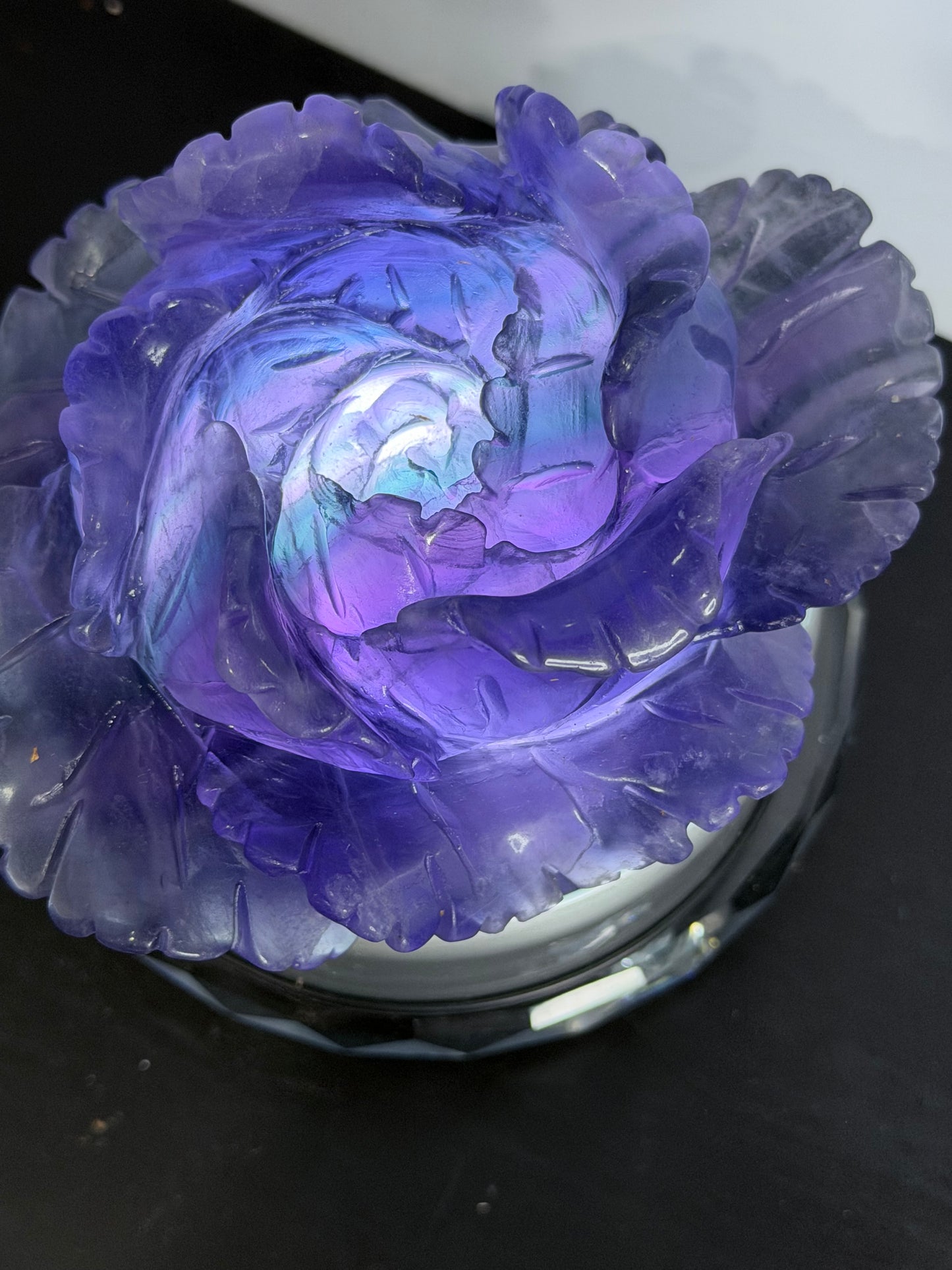Rainbow Fluorite Rose Carving with Stand – 582g